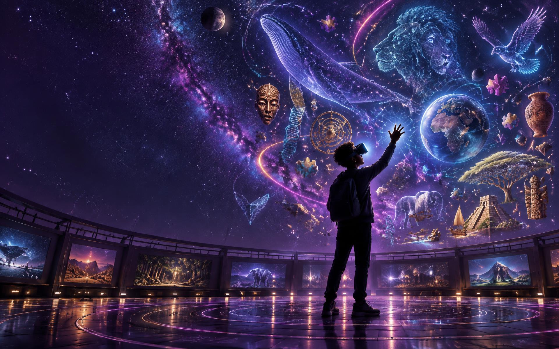 Estudante explorando ciência e cultura em uma experiência imersiva de realidade virtual